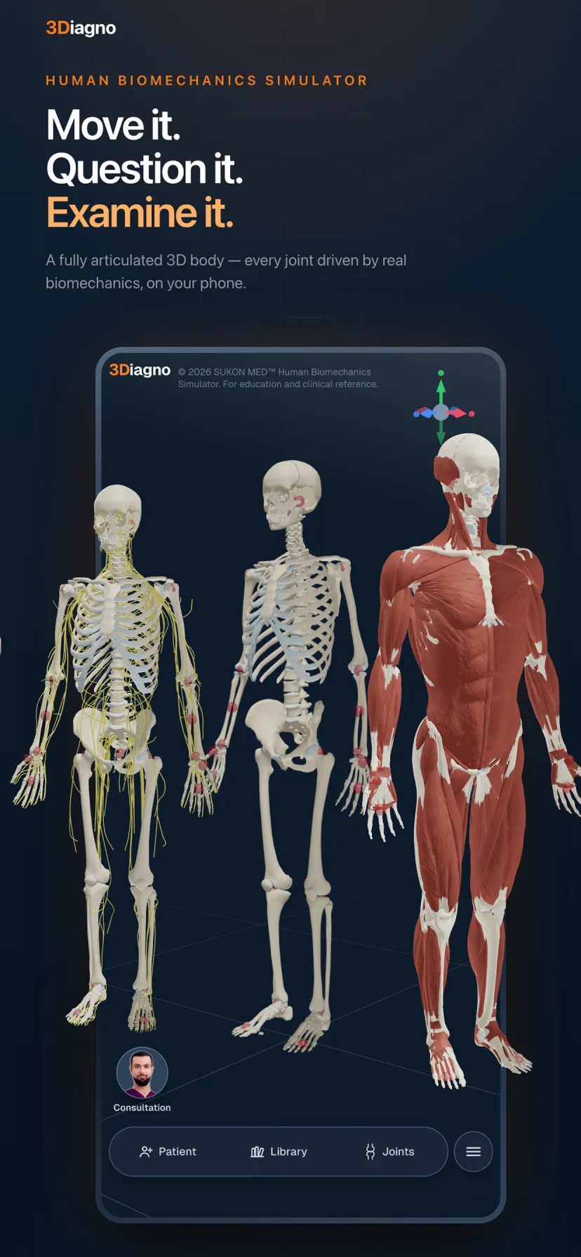 3Diagno on a phone: the same body shown as nerves, as skeleton and as muscle, side by side.