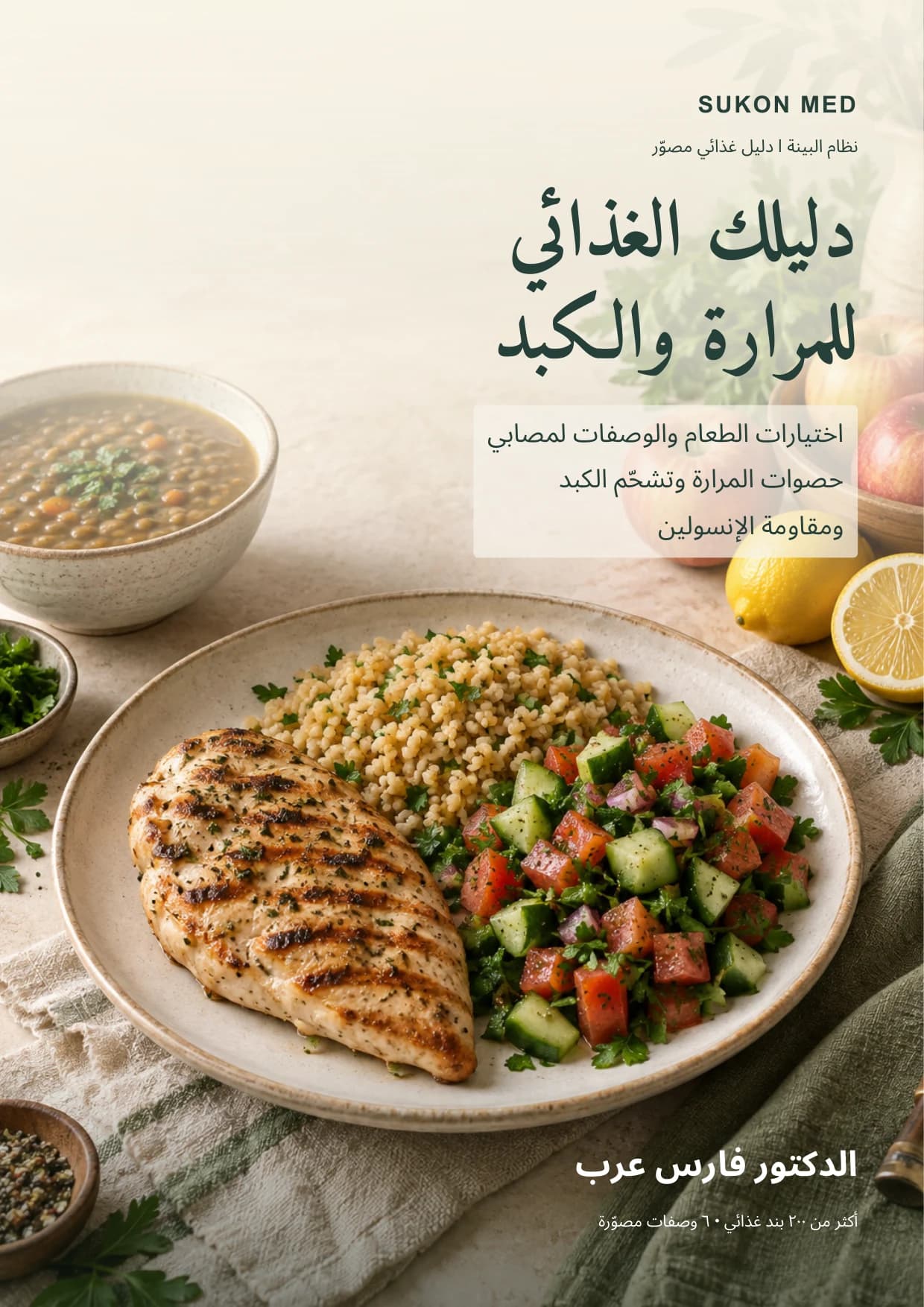 Cover of the Arabic dietary guide for the gallbladder and liver by Dr. Faris Arab, showing a plate of grilled chicken, freekeh and salad.